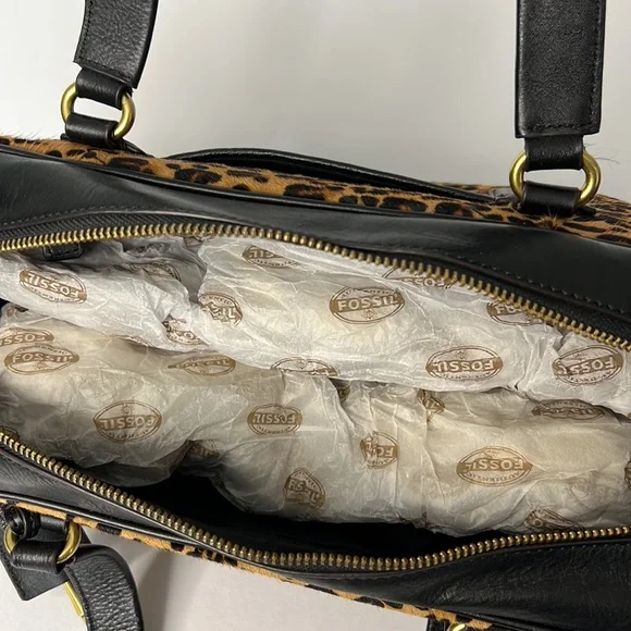 Fossil Black Leather Leopard Cheetah Print Handbag Satchel - Picture 6 of 16